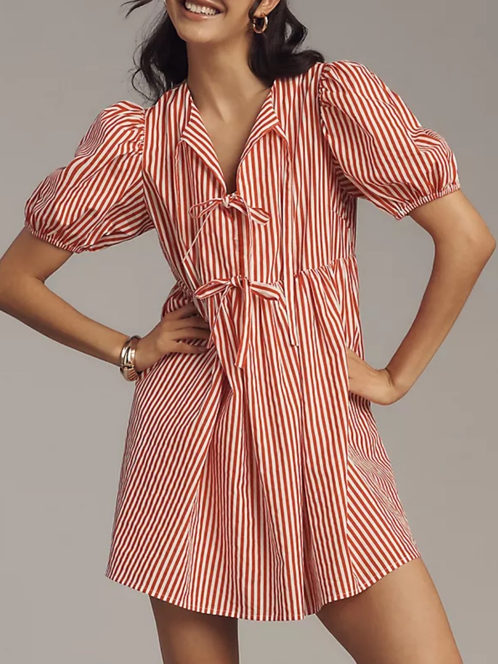English Factory Red & White Striped Puff-Sleeve Tie-Front Mini Dress